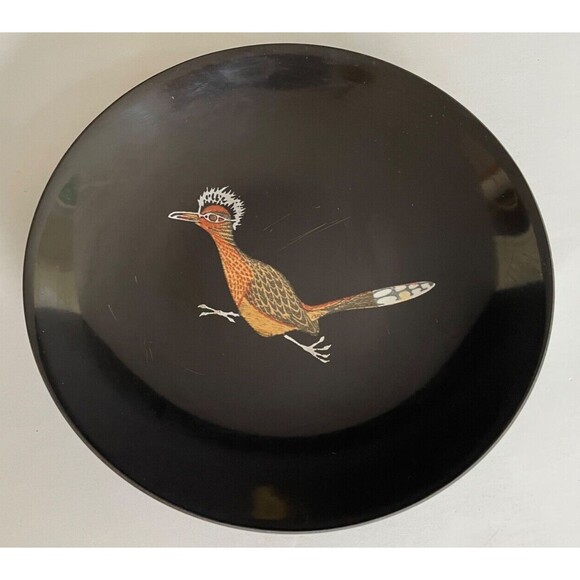 Vintage Couroc of Monterey CA Roadrunner Inlaid Serving Bowl Black Resin MCM 8" - Picture 1 of 7